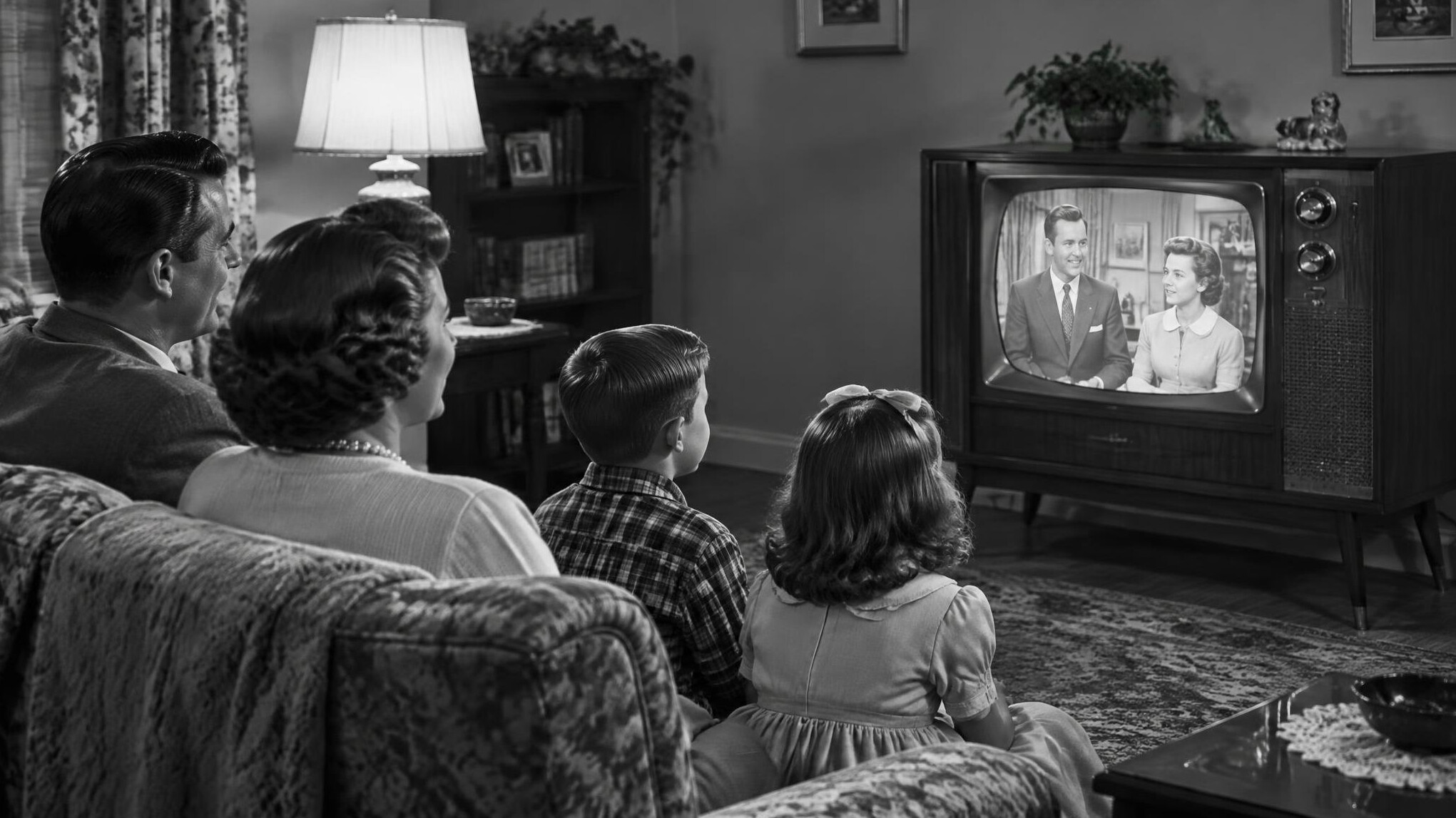 old family watching tv
