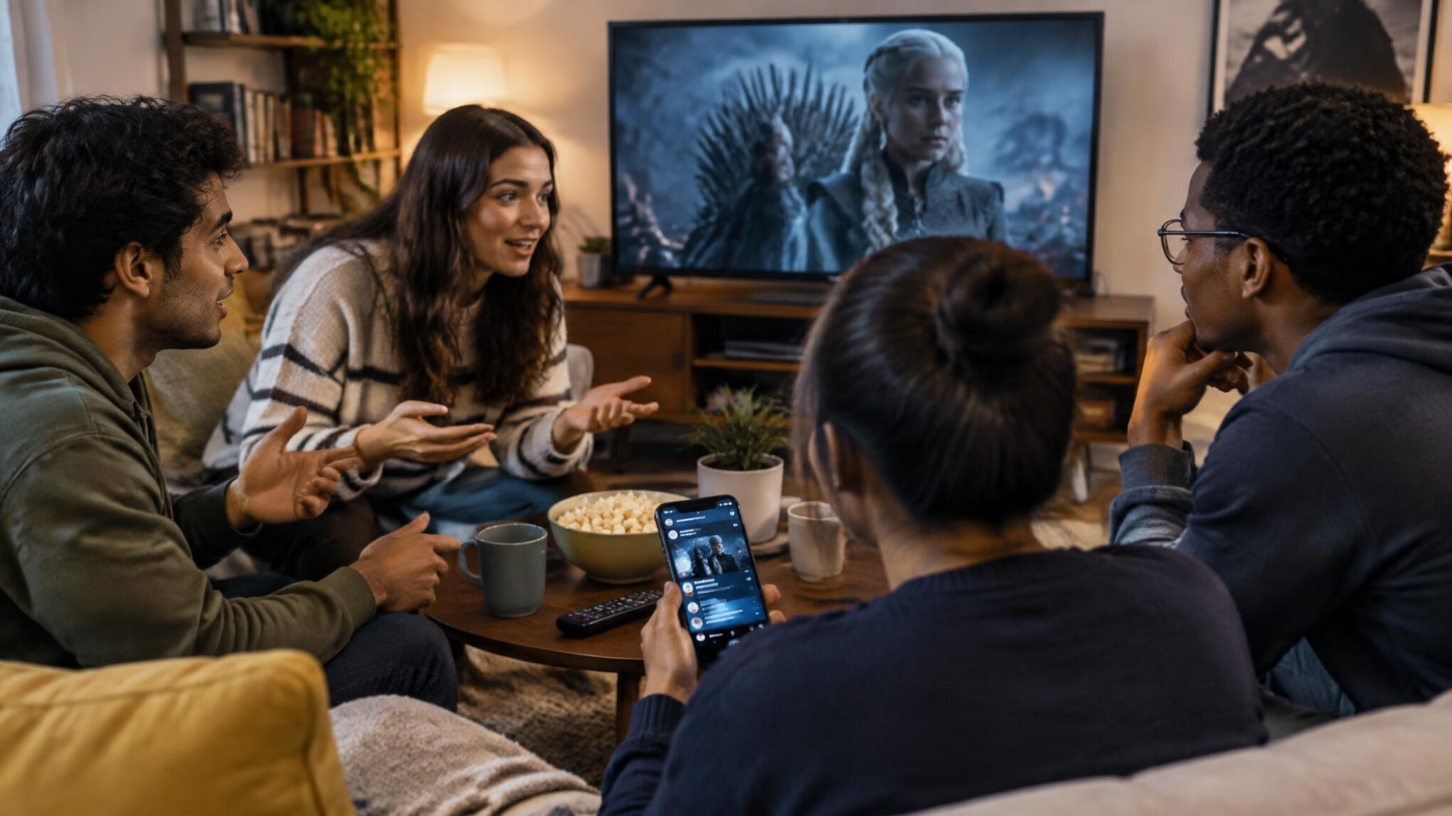 group of friends discussing tv