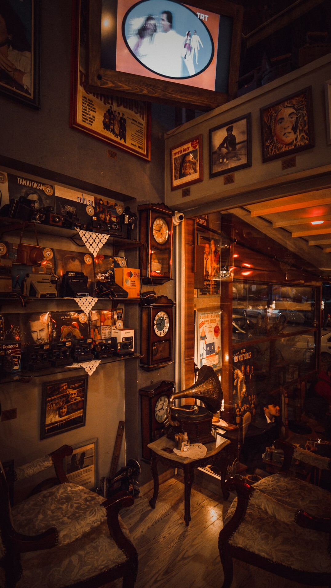 Vintage television studio with retro cameras and warm stage lighting